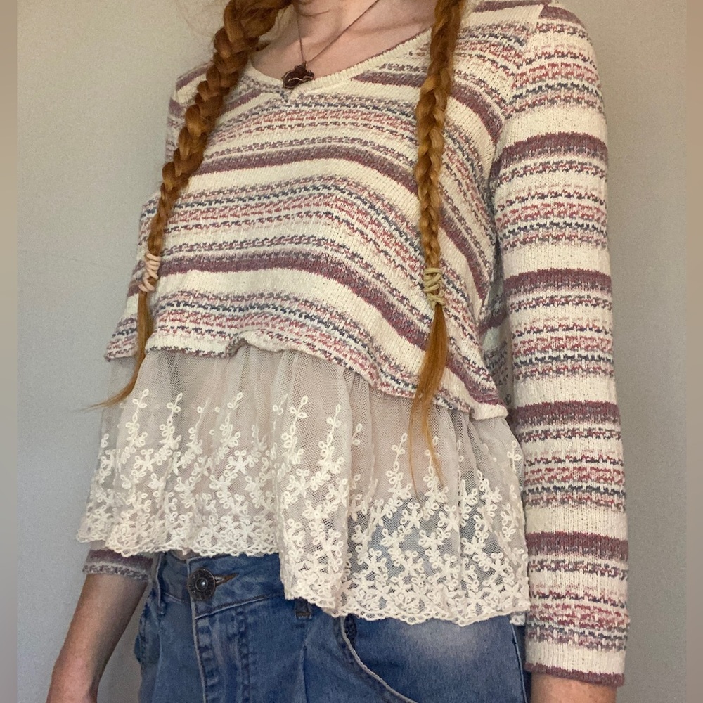 Altard State Pink and White Striped Sweater Lace Bottom Women’s Small Cropped